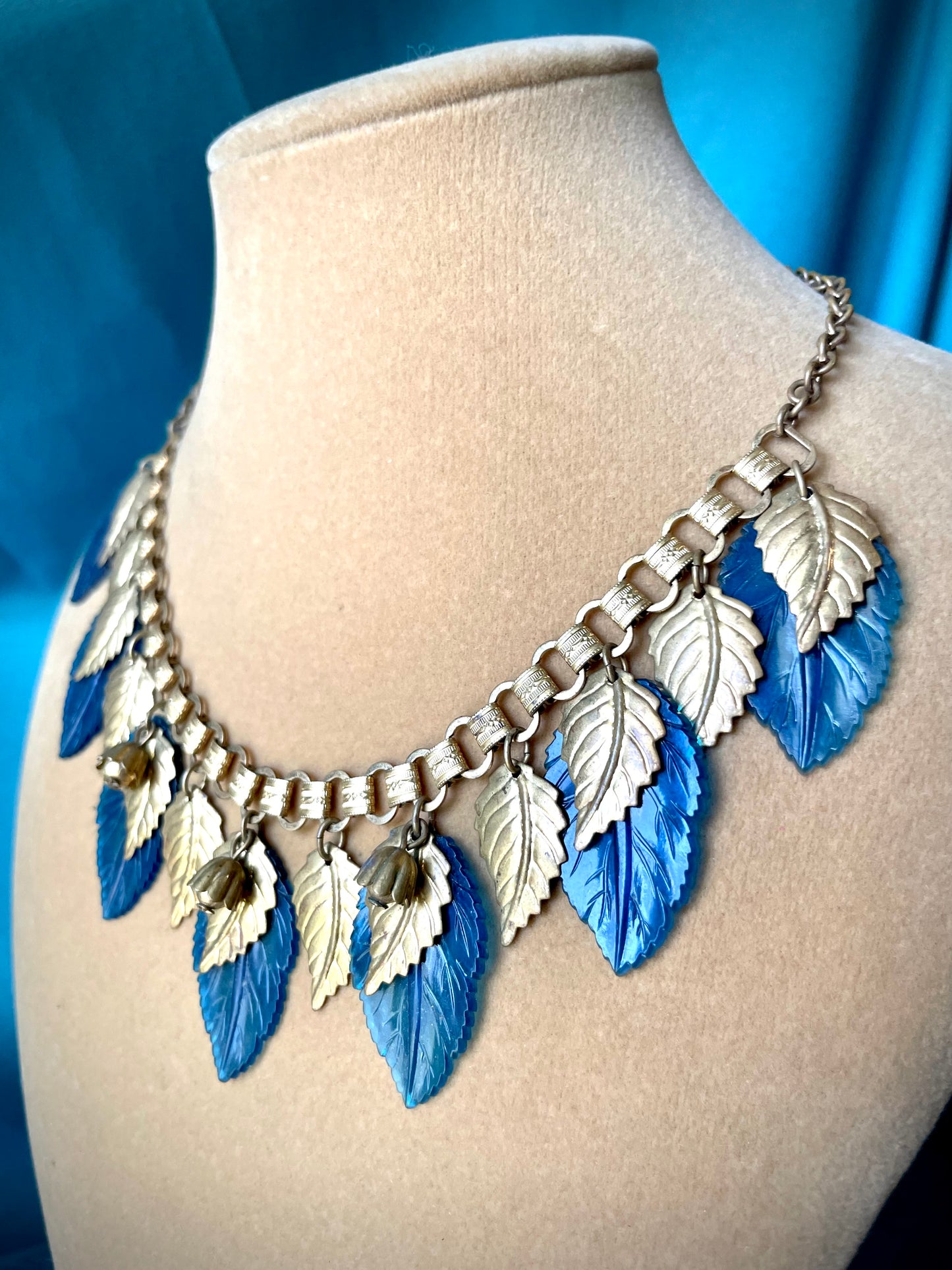 Miriam Haskell Embossed Brass & Turquoise Translucent Early Plastic Leaf & Bell Victorian Booklink Choker Necklace