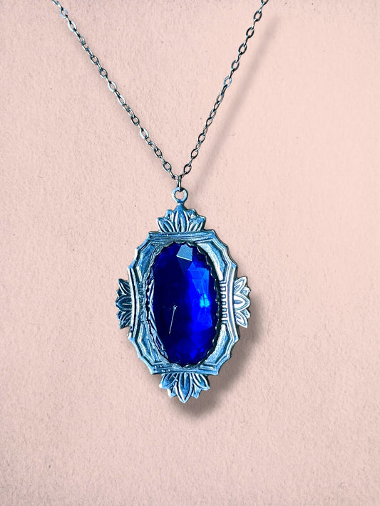 Art Deco Sapphire Blue Faceted Art Glass Lotus Flower Silver Necklace