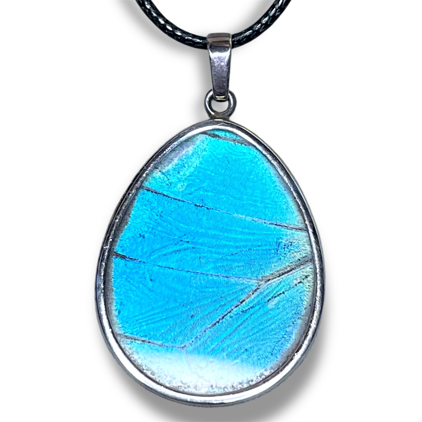 Sterling Silver Double Sided Blue & Brown Eye Butterfly Wing Teardrop Necklace Pendant