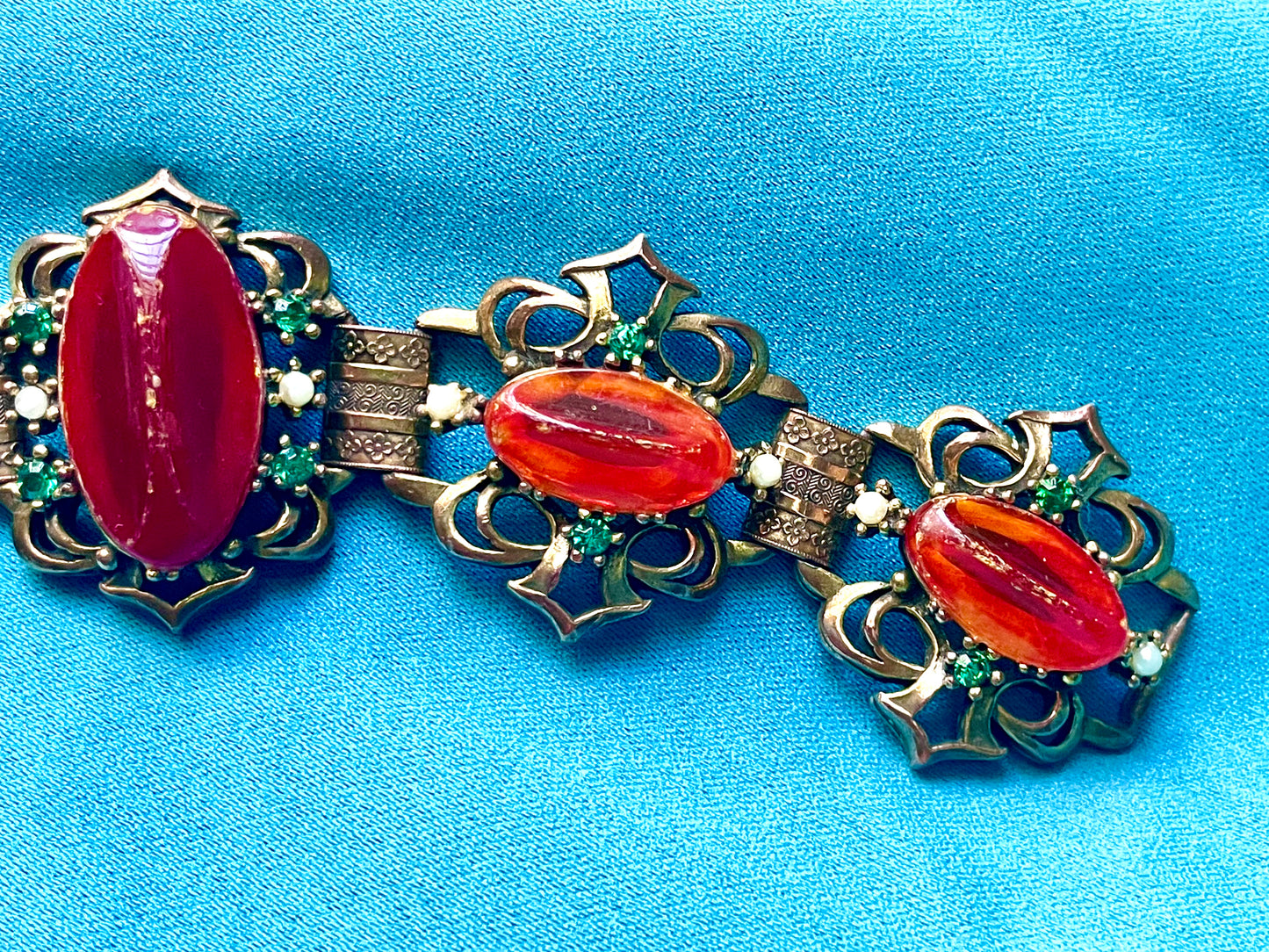 Heavy Brass Booklink Red-Orange Faux Amber Celluloid, Green Crystal & Pearl Panel Link Bracelet