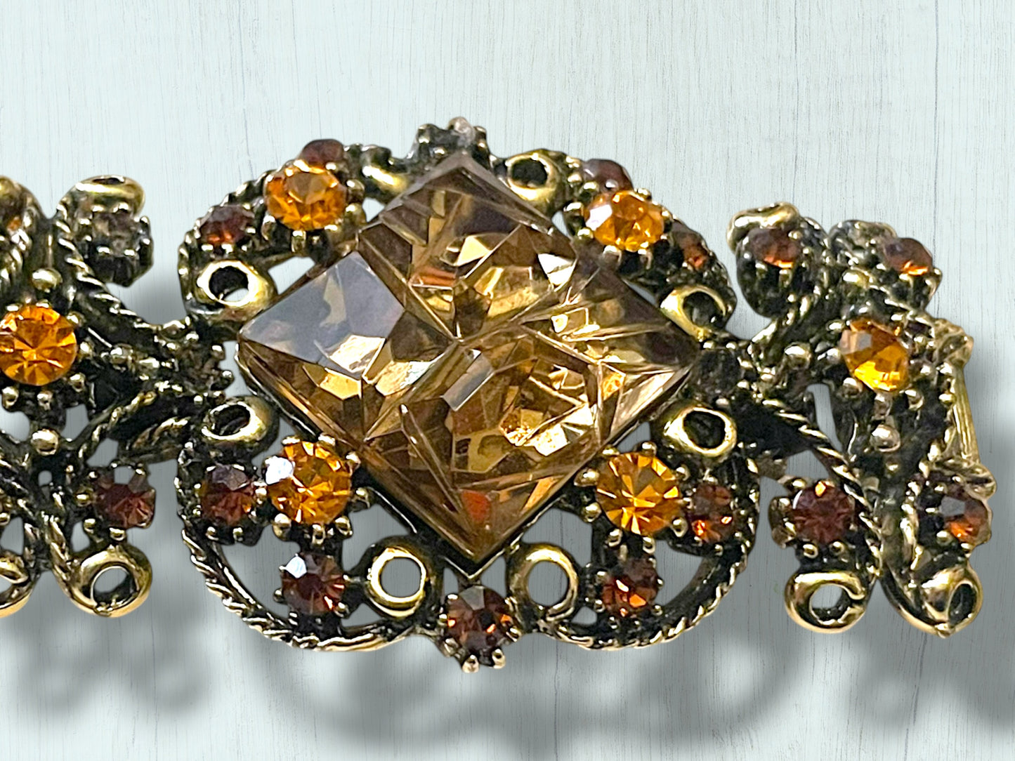Incredible Vintage Chunky Faceted Amber & Topaz Crystal Designer Bracelet