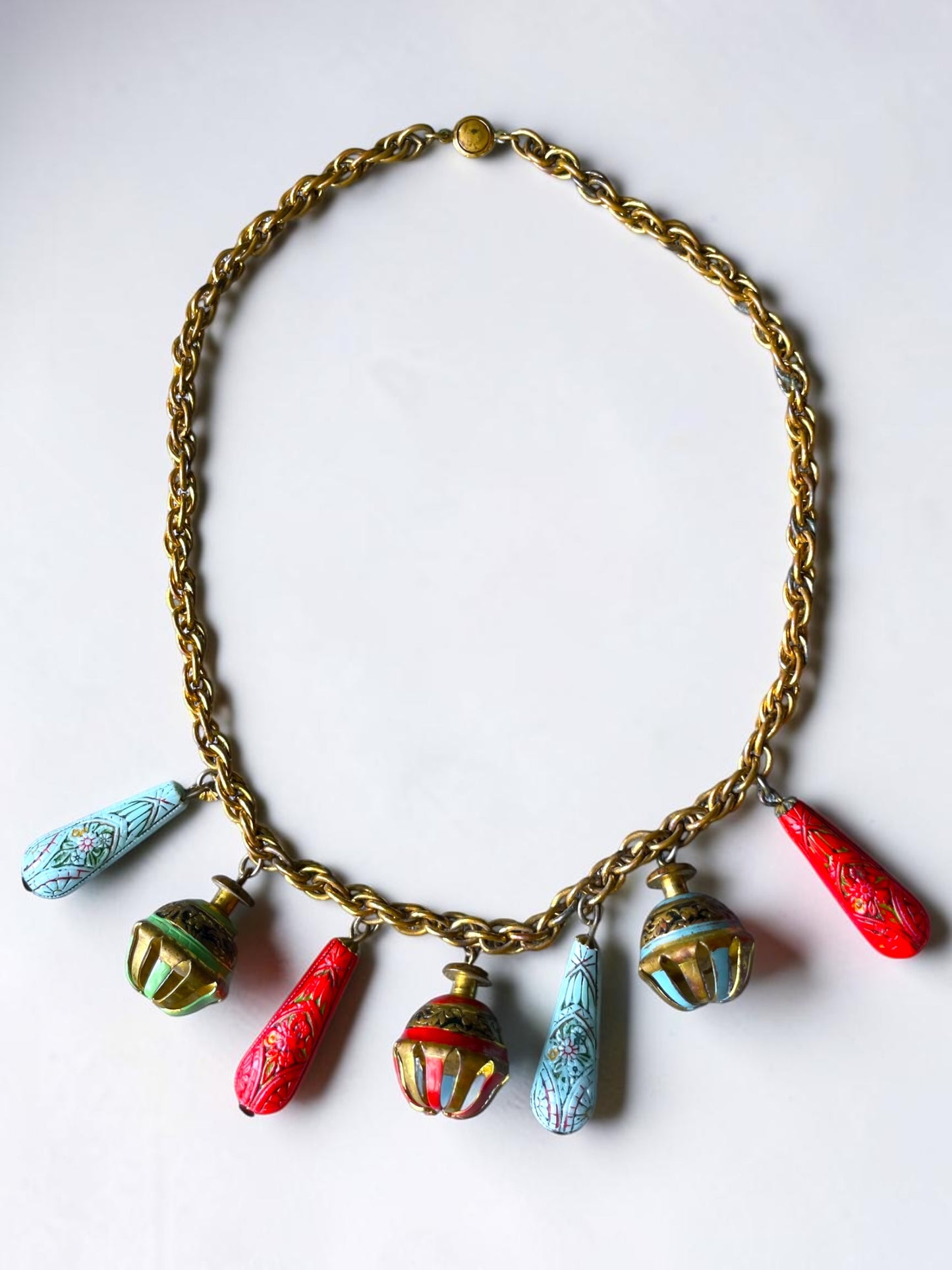 Art Nouveau Egyptian Painted Glyph Molded Art Glass & Bell Charm Necklace