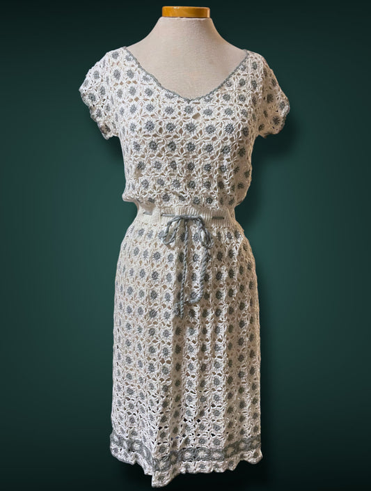 1970’s Vintage White & Gray Crochet Knit Floral Bow Waist Dress