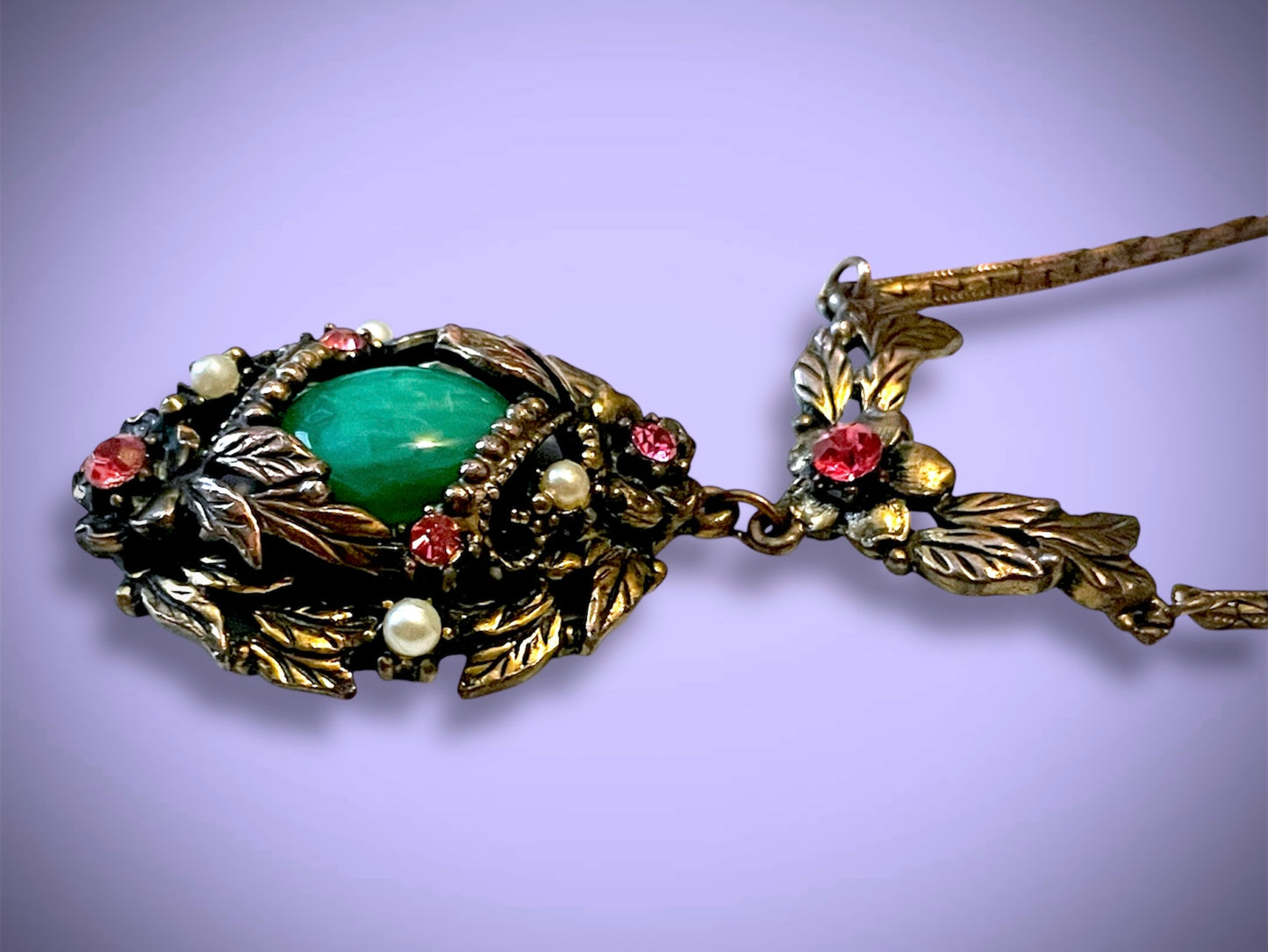Art Nouveau Brass Green Jade Peking Art Glass Pink Crystal & Pearl Pendant Necklace