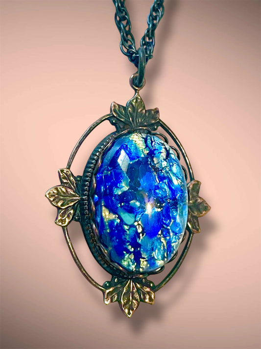 Art Nouveau Blue Dragons Breath Fire Opal Foul Art Glass in Brass Leaf Pendant Necklace