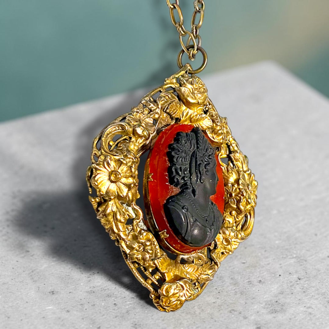 Huge Red & Black Art Glass Cameo Gilded Brass Repoussé Art Nouveau Floral Frame Pendant Necklace