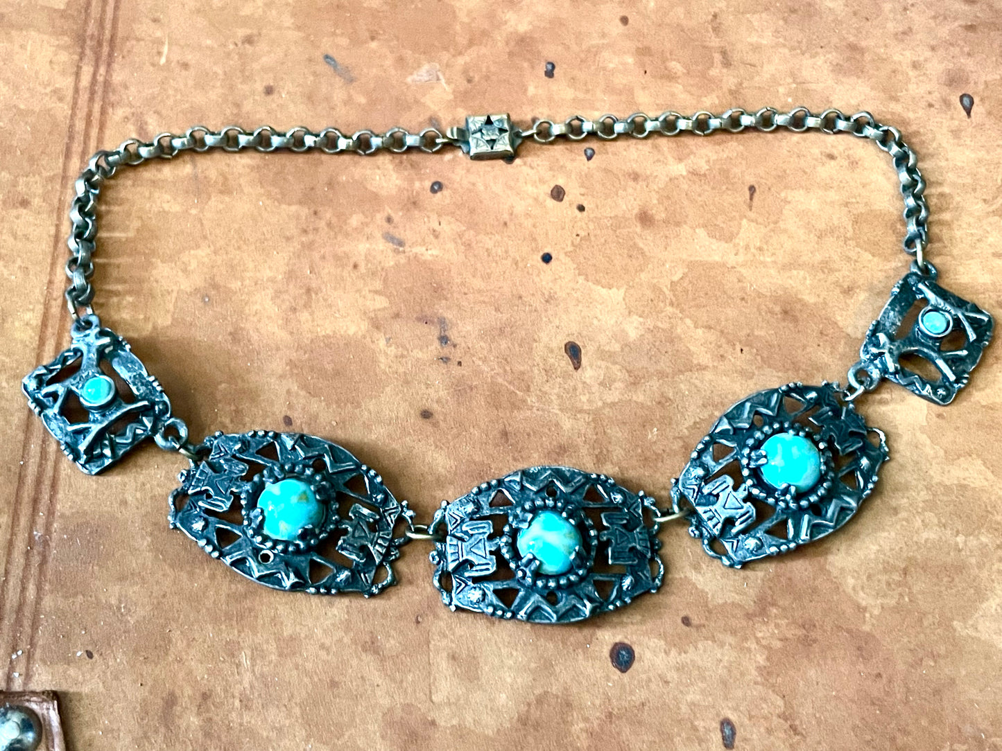 1940’s Southwest Thunderbird Cast Silver Panel Choker Necklace
