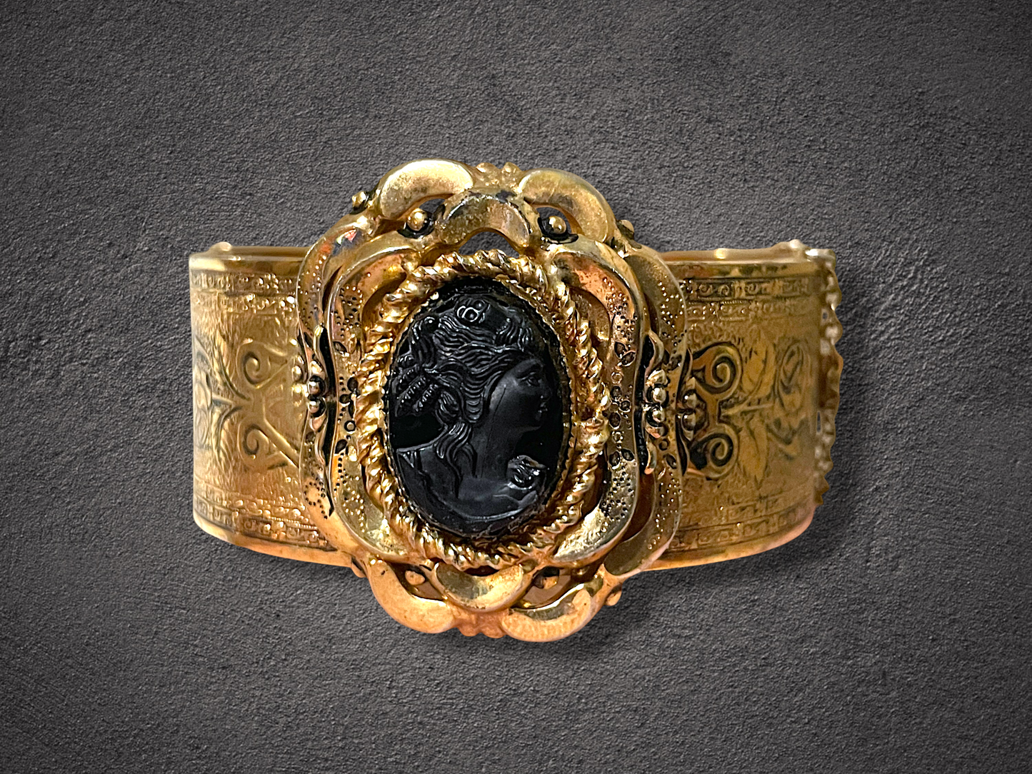 Victorian Gothic Black Glass Mourning Cameo Ornate Rose Engraved Rococo Hinged Bangle Bracelet