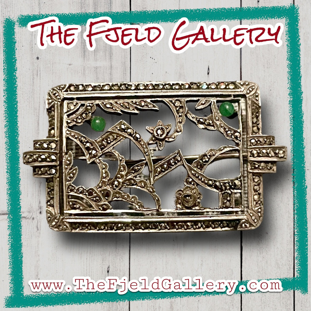 Art Deco Sterling Silver Marcasite & Green Jade Pictorial Brooch