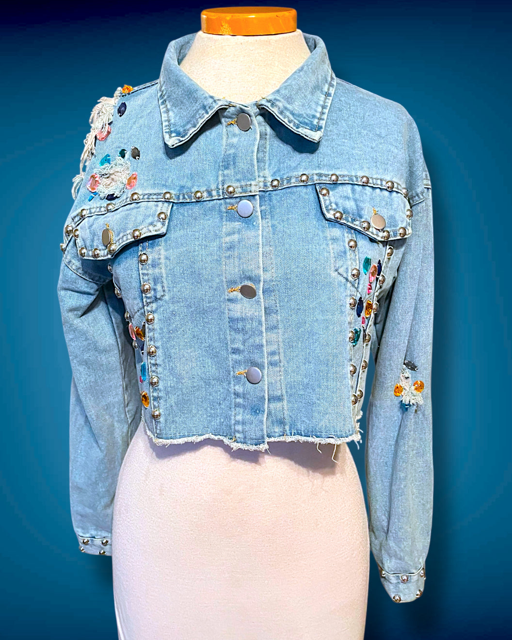 Vintage 1980’s Rainbow Jewel Crystal Stone Encrusted & Metal Rivet Crop Distressed Jean Jacket