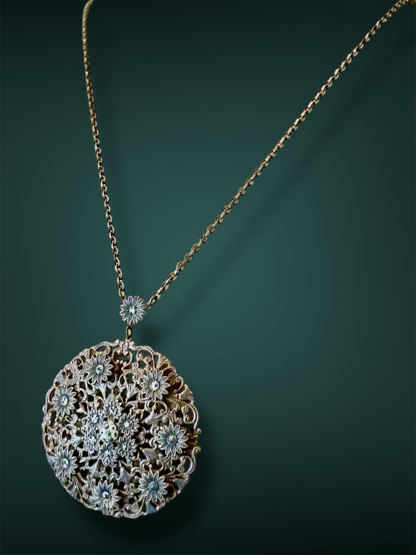 Art Nouveau Brass Floral & Flourish Filigree Daisy Marcasite Necklace