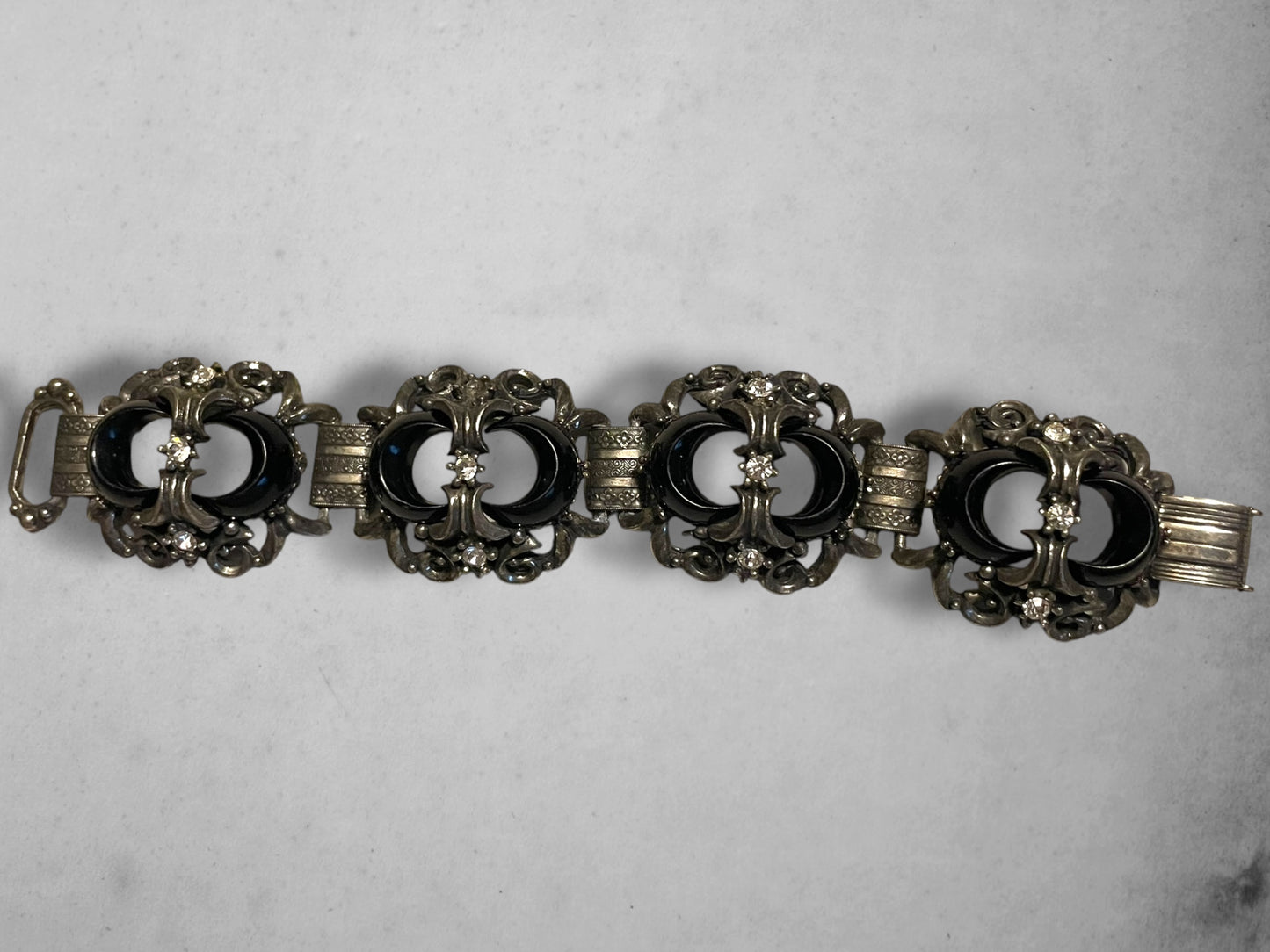 Victorian Booklink Chain Black Crescent Moon Crystal Panel Bracelet