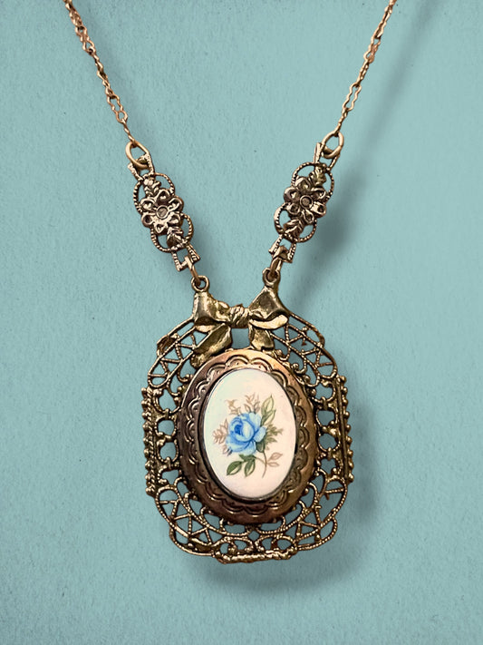 Art Nouveau Brass Filigree Blue Rose Porcelain Limoge Locket Necklace