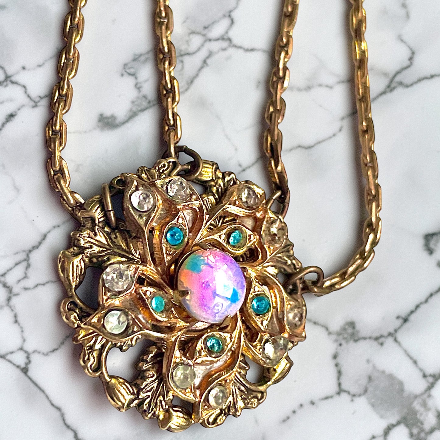 Edwardian Pink Gold Foil Art Glass Dragons Breath Fire Opal Festoon Necklace