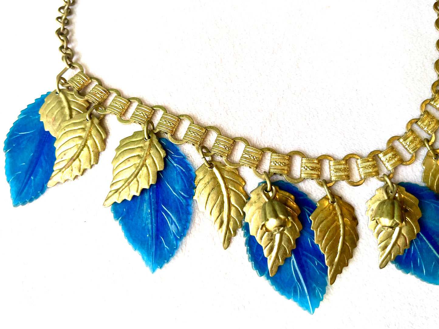 Miriam Haskell Embossed Brass & Turquoise Translucent Early Plastic Leaf & Bell Victorian Booklink Choker Necklace