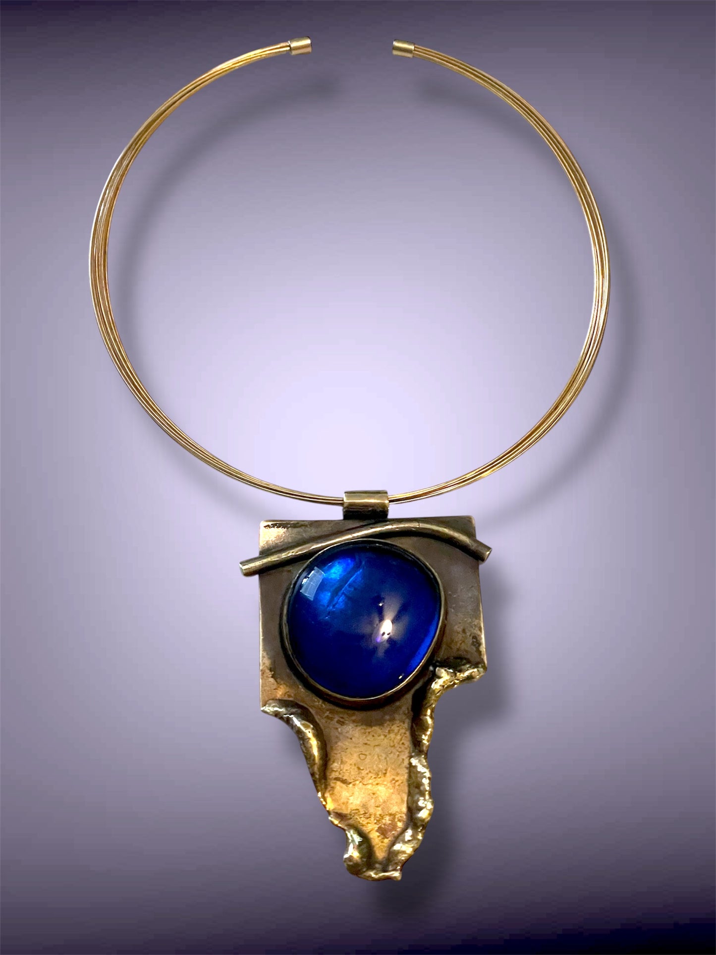 Antique Brass Brutalist Sapphire Blue Foil Art Glass Choker Necklace