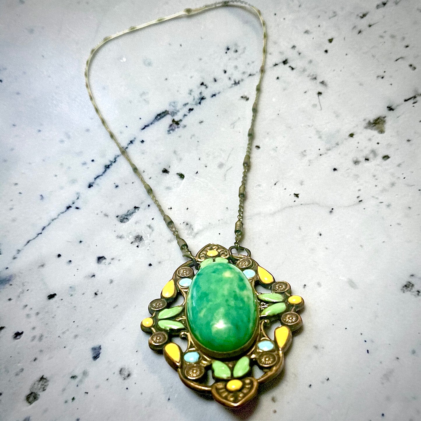 Czech Brass Green Peking Art Glass Yellow & Green Enamel Brooch Pendant Necklace