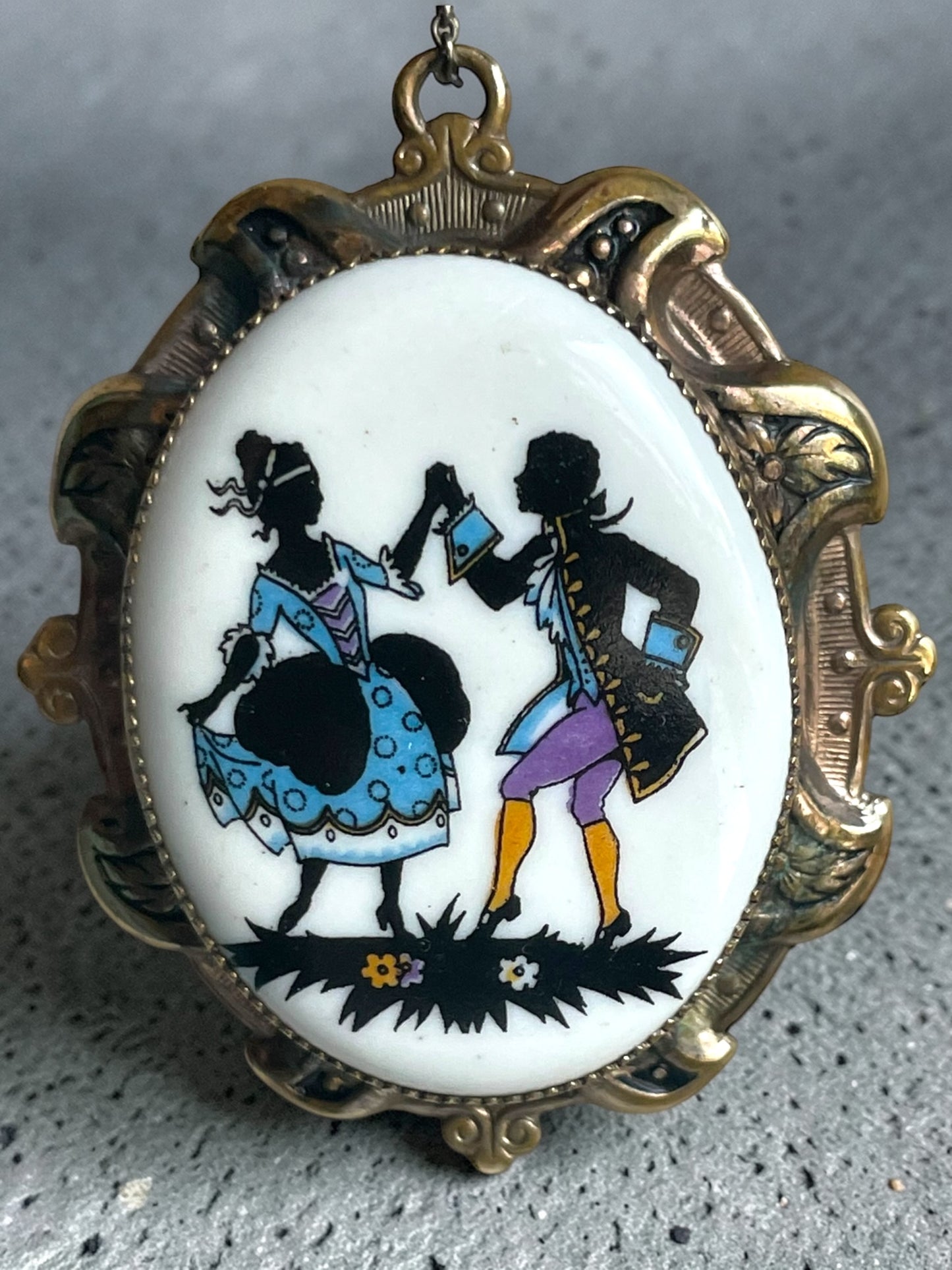 Edwardian Porcelain Silhouette  Courting Couple Colorful Limogé Cameo Gilded Brass Locket Sterling Necklace