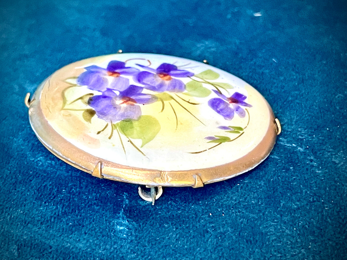 Victorian Forget Me Not Flowers Hand Painted Porcelain Limogé Brooch