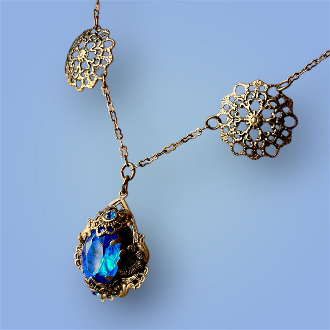 Art Nouveau Czechoslovakian Brass Filigree Royal Blue Crystal Necklace