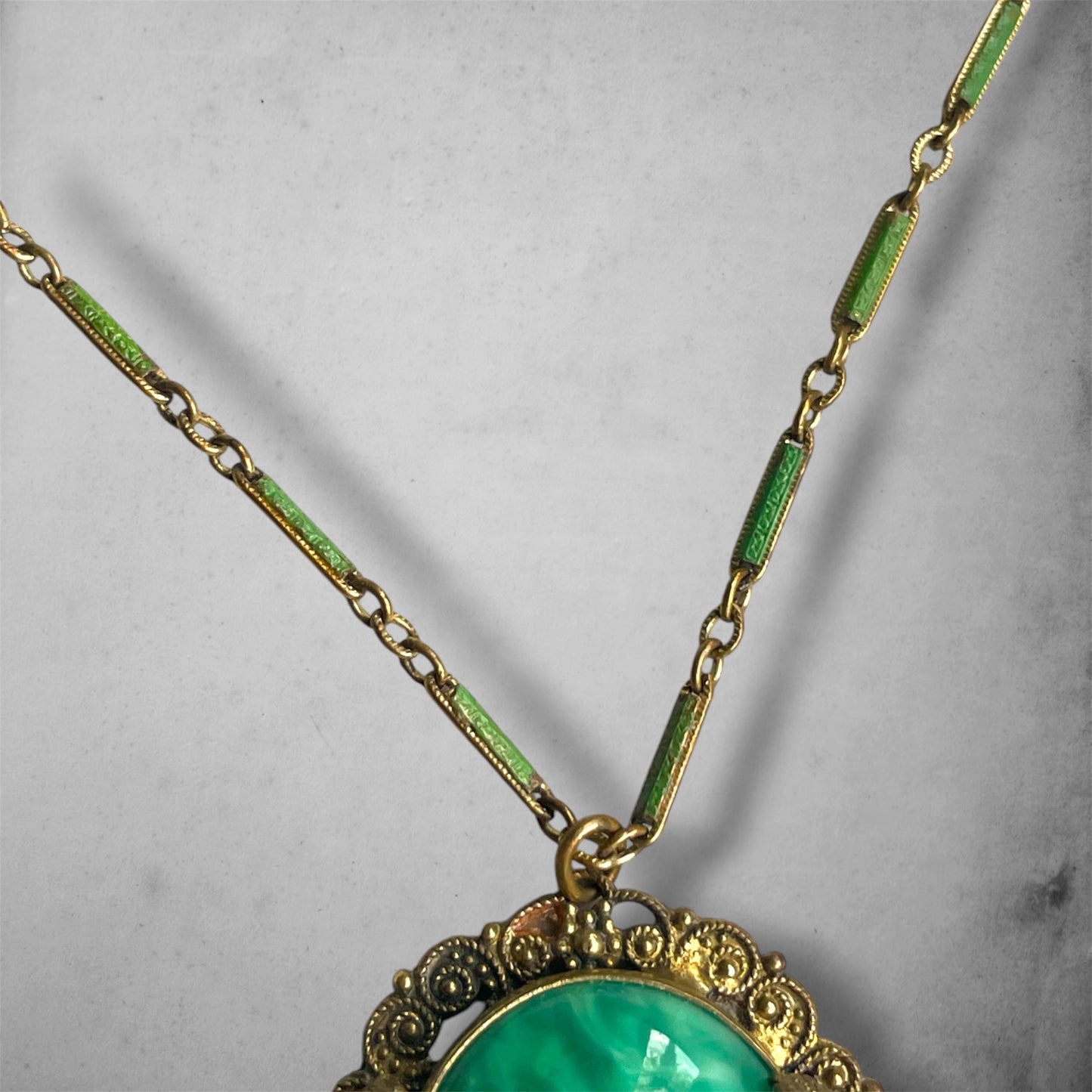 Art Nouveau Czech Peking Green Marble Art Glass Enamel Brass Filigree Necklace