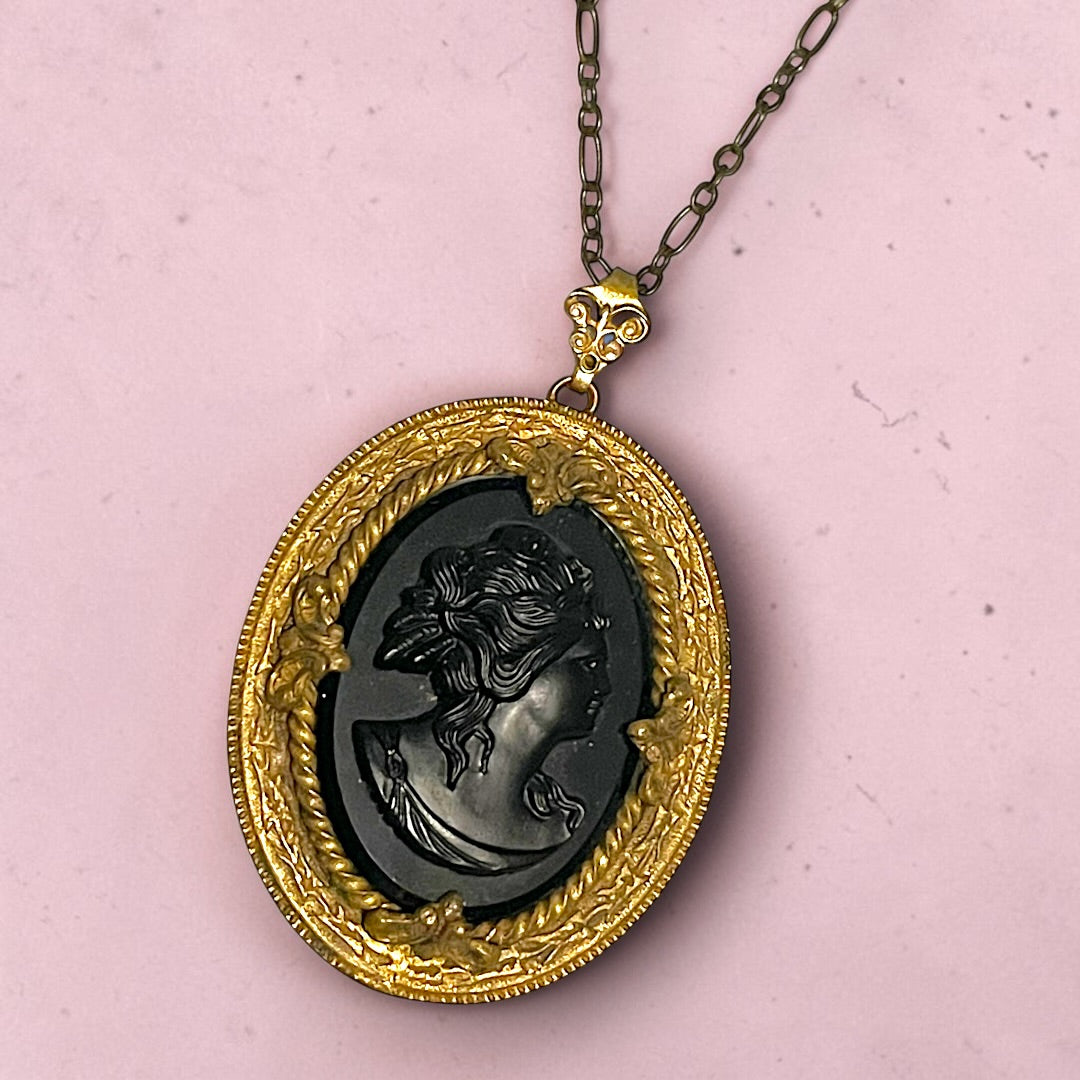 Victorian Gothic Black Art Glass Mourning Cameo Prong Set Pendant Necklace