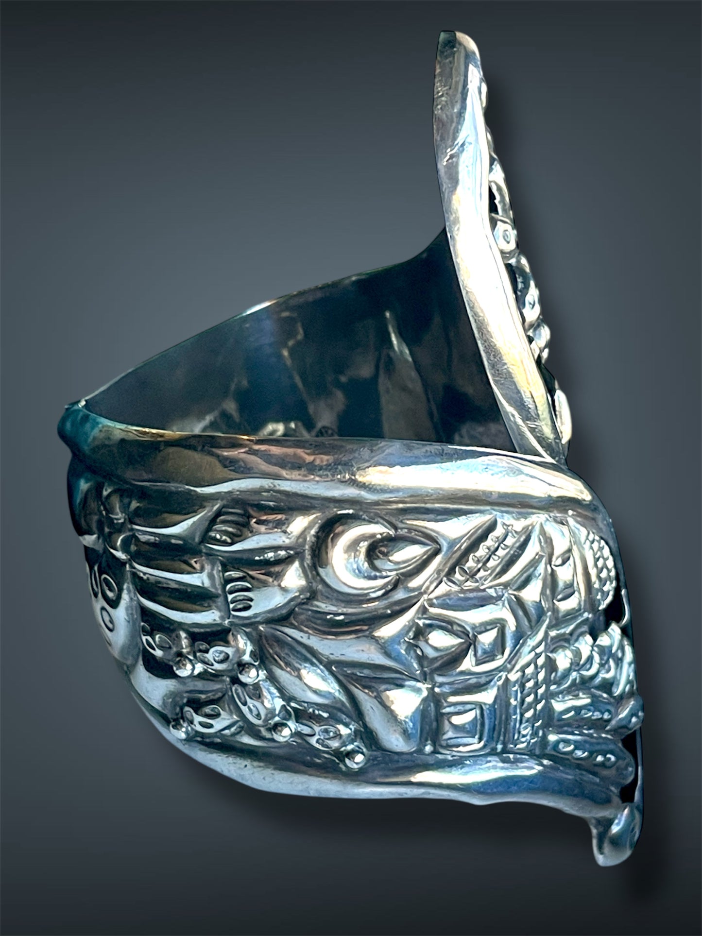 Sterling Silver Repoussé Hollow-work Taxco Mexico Scenic Hinged Clamper Bypass Bracelet