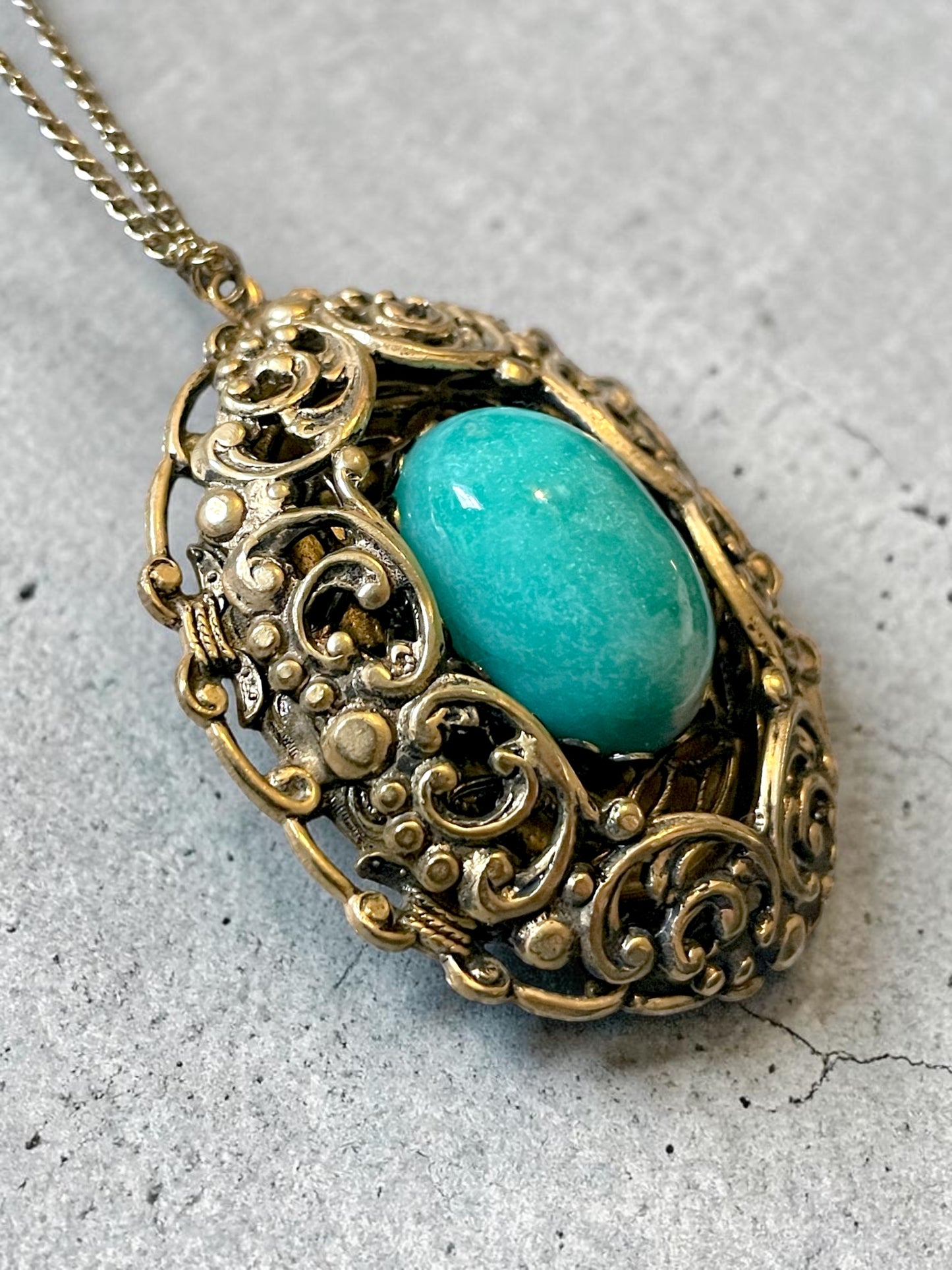 Art Nouveau Amazonite Brass Ornate Flourish Filigree Pendant Necklace