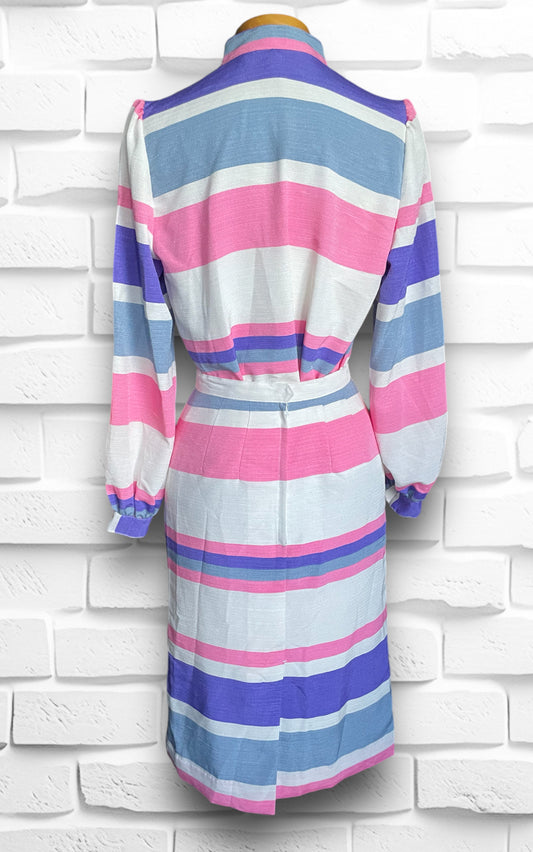 Vintage 1960’s Pink, Purple, White & Grey Striped Skirt & Long Sleeve Ruffle Shirt Set