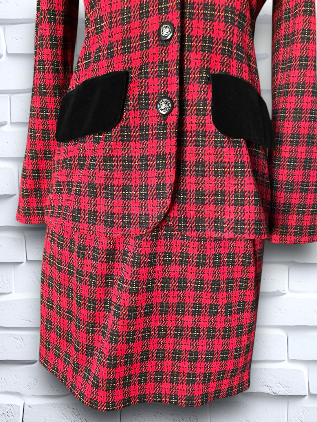 Vintage Red, Black & Yellow Plaid Skirt Suit with Black Velvet Detailing