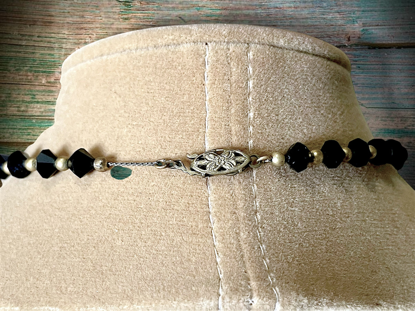 Victorian Mourning Black Crystal & Brass Saw-blade Gothic Chain Necklace