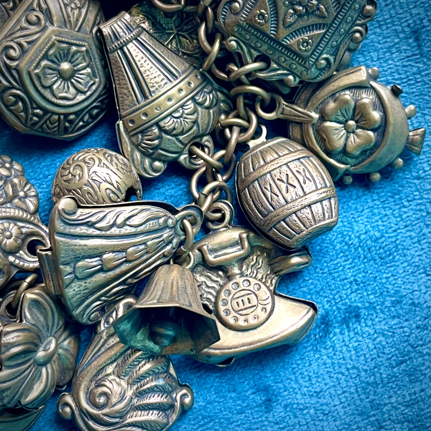 Amazing Art Nouveau Brass Puffy Charm Bracelet: Faces, Moon, Owl, Lucky 7, Bells, Flower & more!