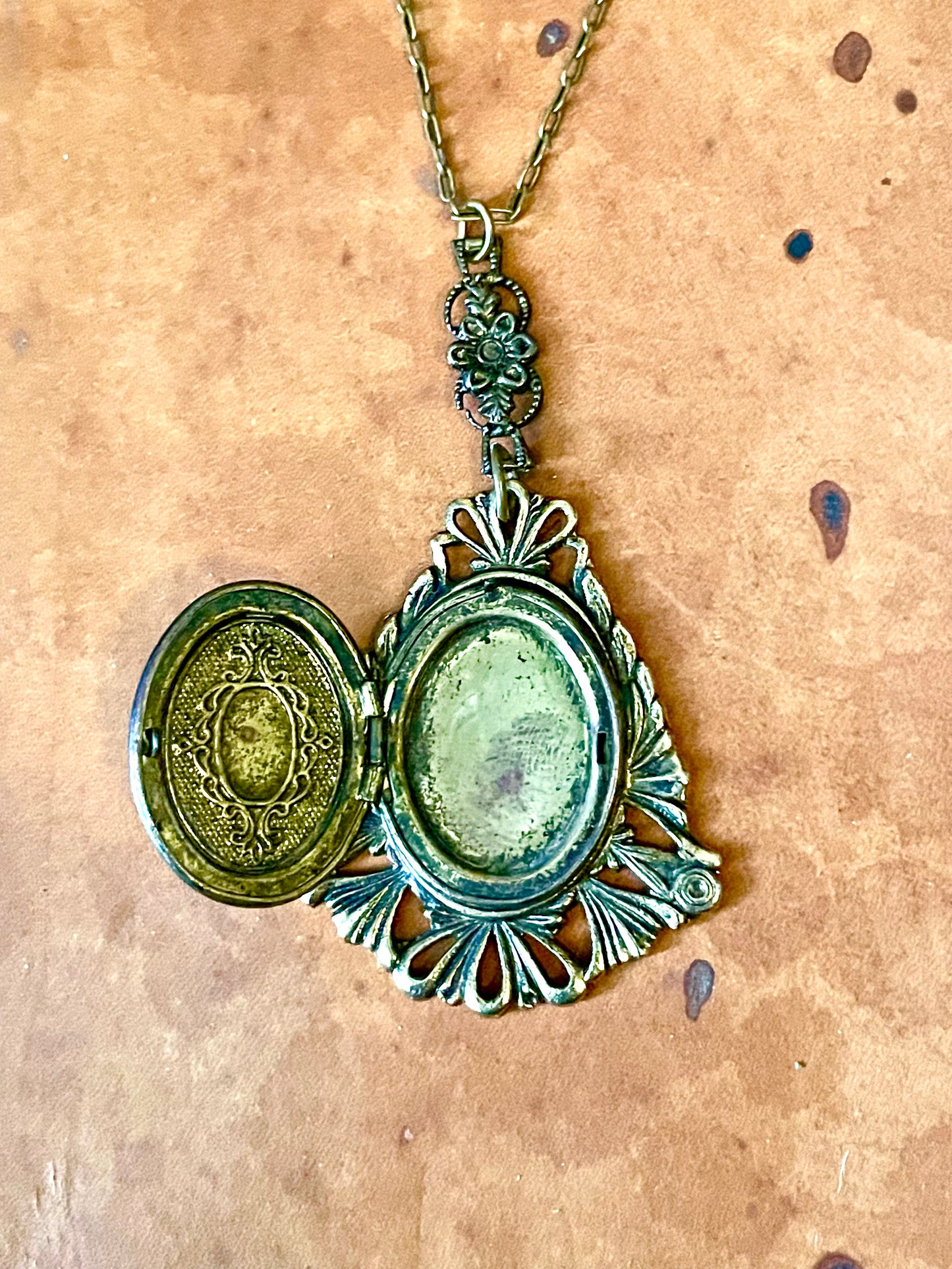 Art Nouveau Brass & Titanium Oxidized Rainbow Metal Porcelain Limogé Blue Rose Locket Necklace