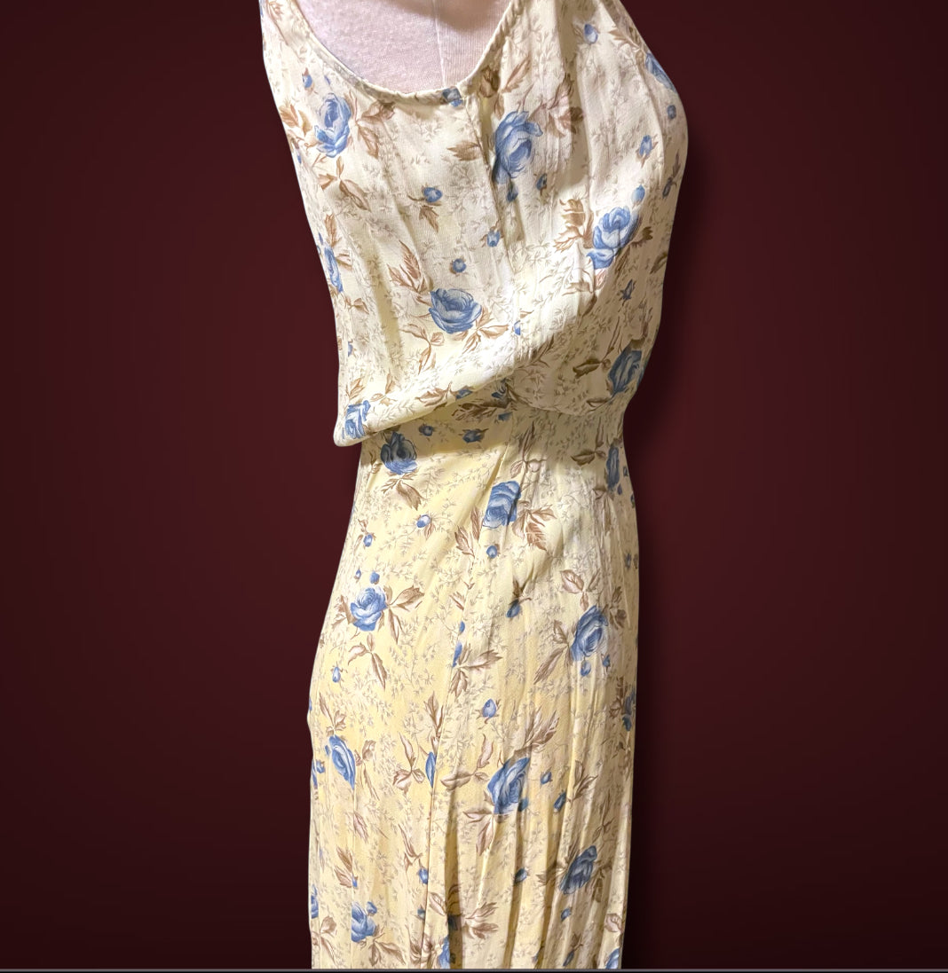 1990’s GAP Pale Yellow & Blue Floral Sleeveless Maxi Wrap Dress sz XS