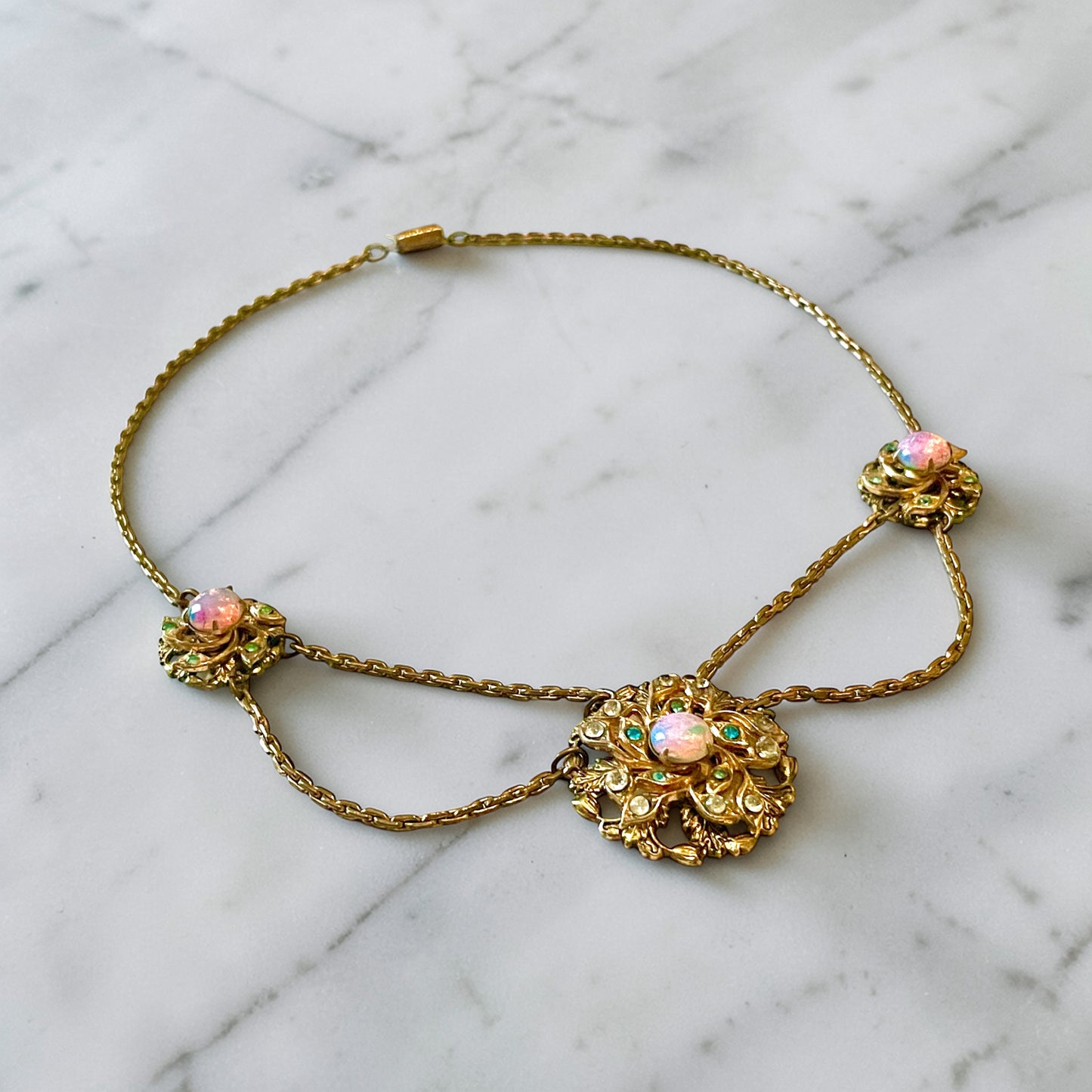 Edwardian Pink Gold Foil Art Glass Dragons Breath Fire Opal Festoon Necklace