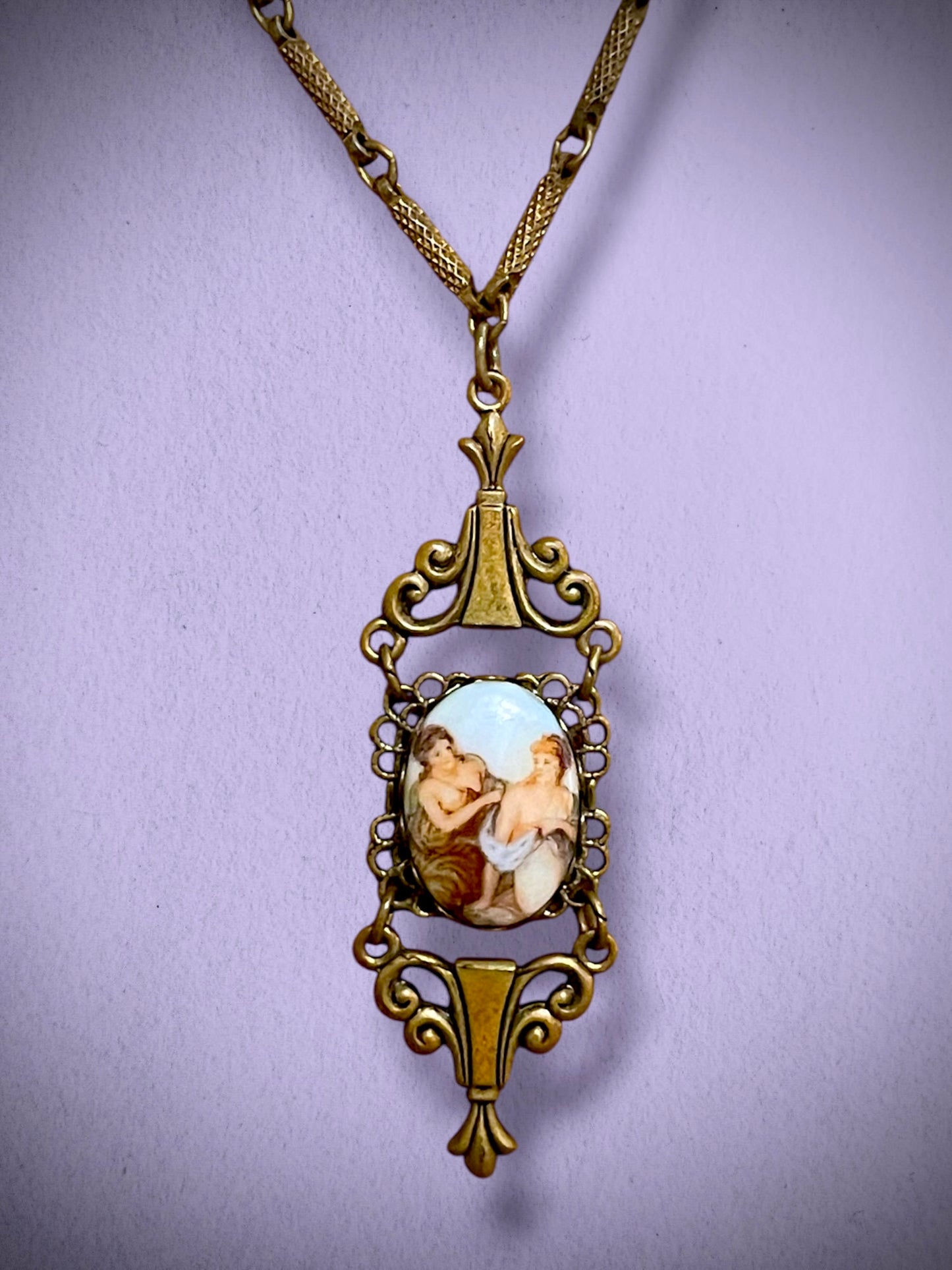 Art Nouveau Rococo Porcelain Limogé Renaissance Cameo Flourish Brass Pendant Necklace