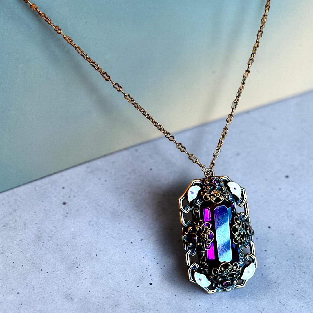 Art Nouveau Neiger Brothers Purple Crystal & Enamel Brass Filigree Necklace
