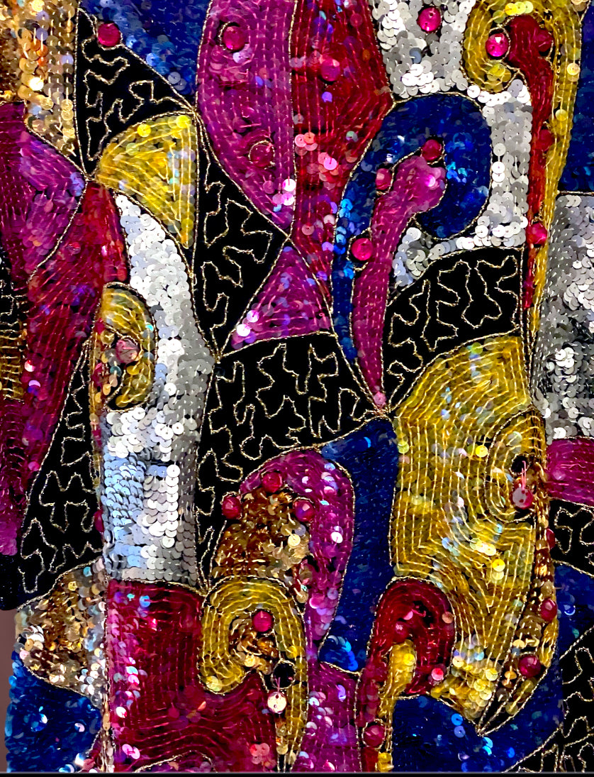 1970’s 100% Silk Sequin, Glass Seed Bead & Rhinestone Abstract Rainbow Top