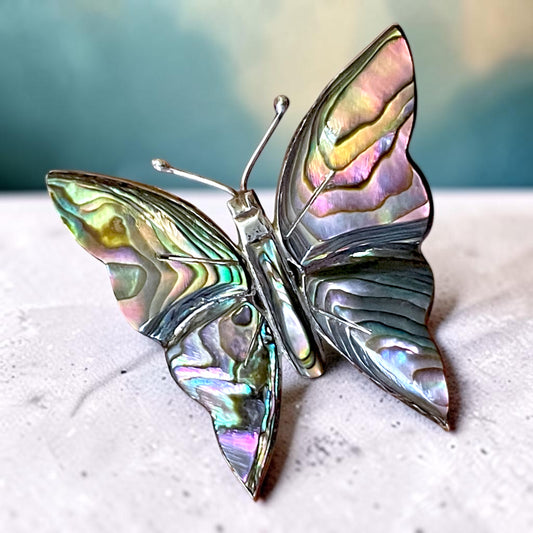 Vintage Taxco Mexico Sterling Silver Abalone Large Butterfly Brooch