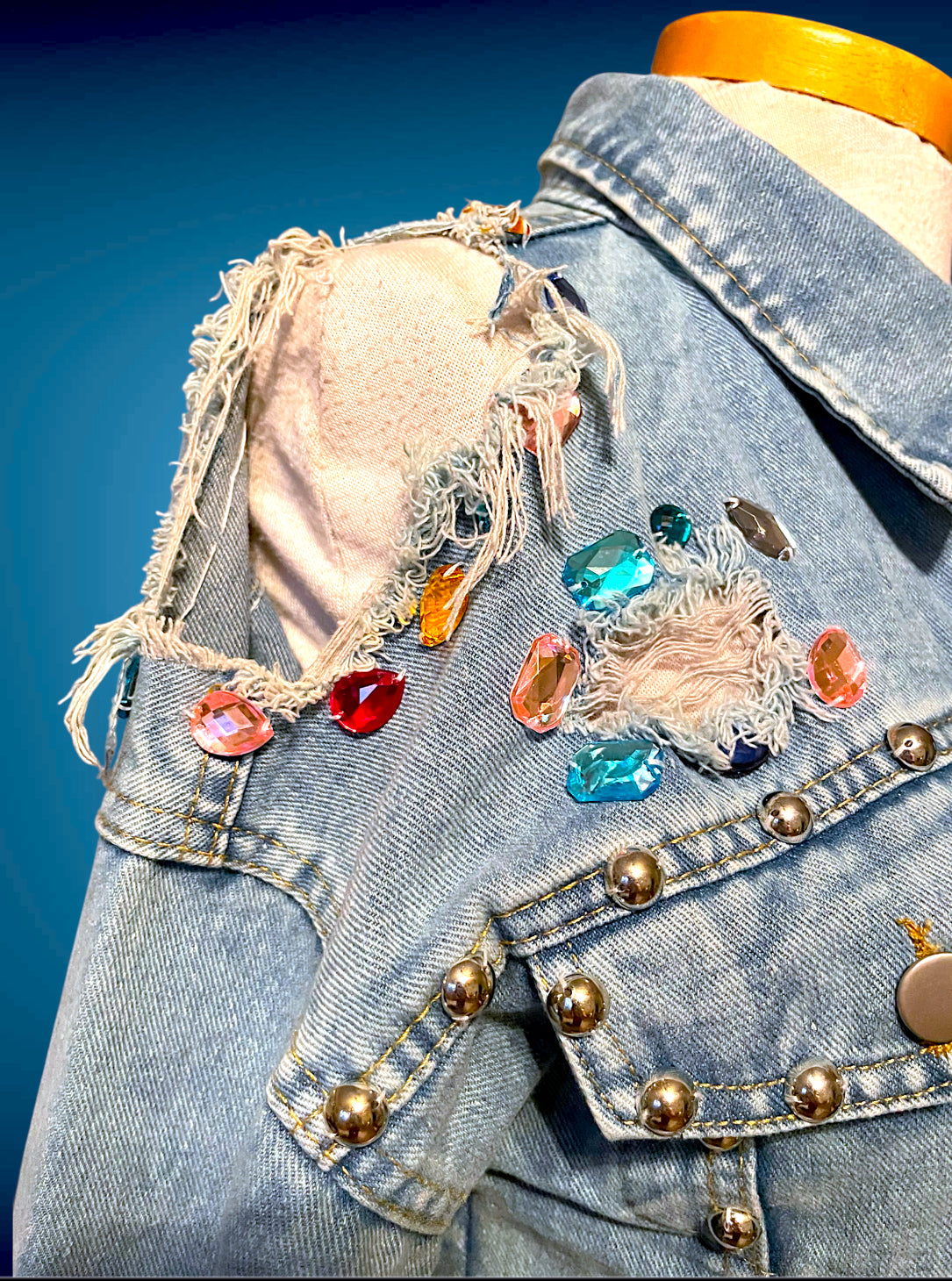 Vintage 1980’s Rainbow Jewel Crystal Stone Encrusted & Metal Rivet Crop Distressed Jean Jacket