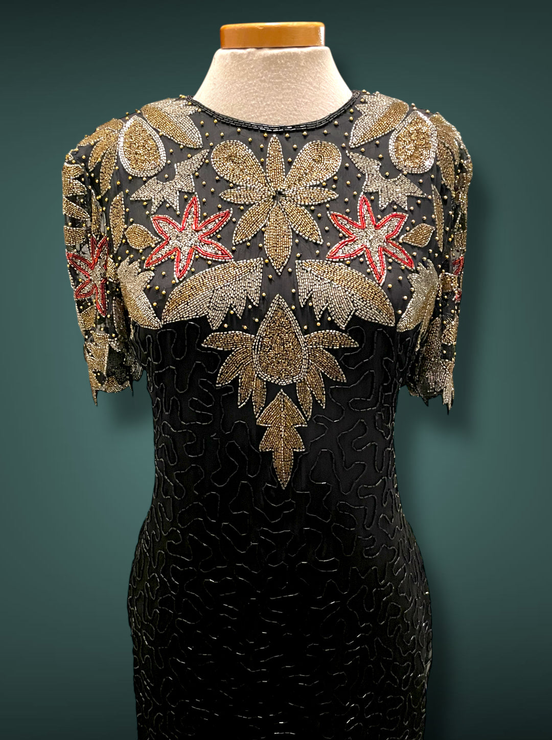 Vintage 1980’s Silk NYE Gold Silver Red & Black Glass Bead Short Dress