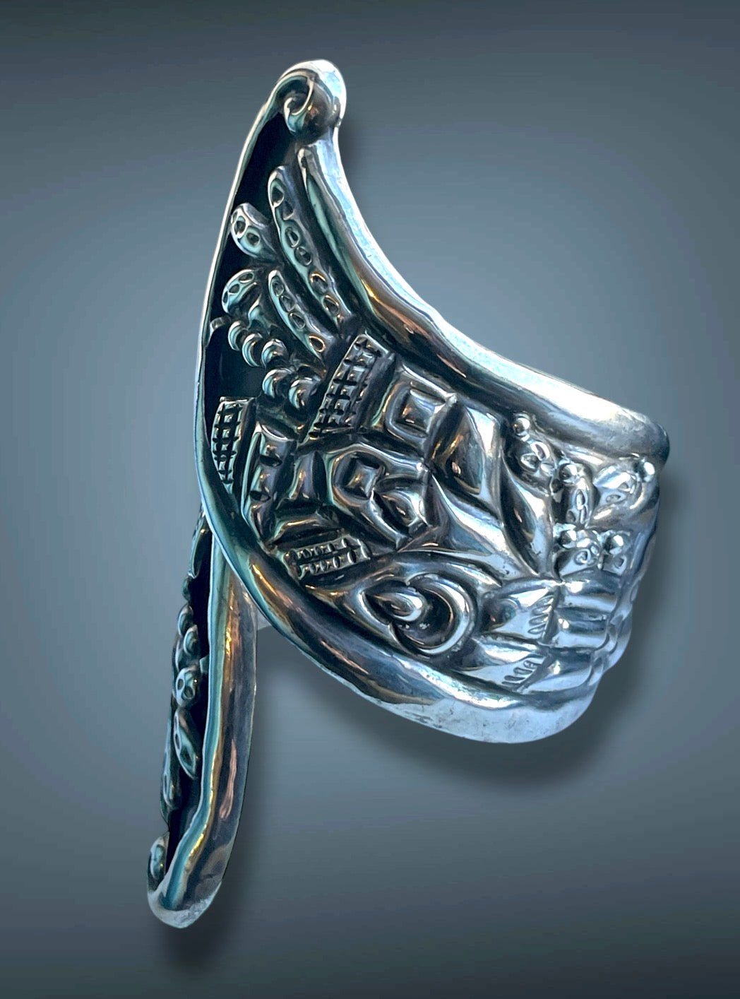 Sterling Silver Repoussé Hollow-work Taxco Mexico Scenic Hinged Clamper Bypass Bracelet
