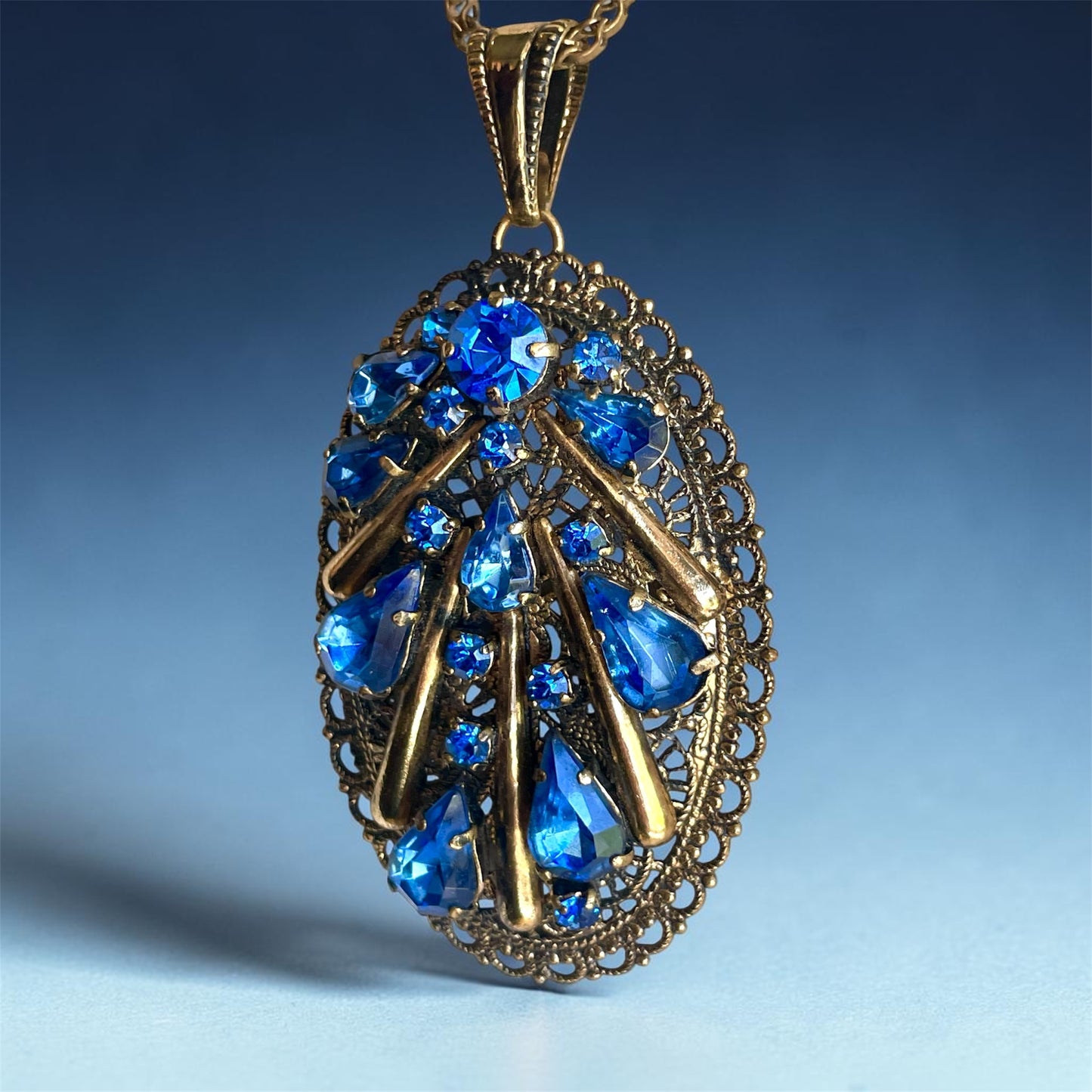 Antique Czech Brass Filigree Sapphire Prong Set Blue Crystal Pendant Necklace