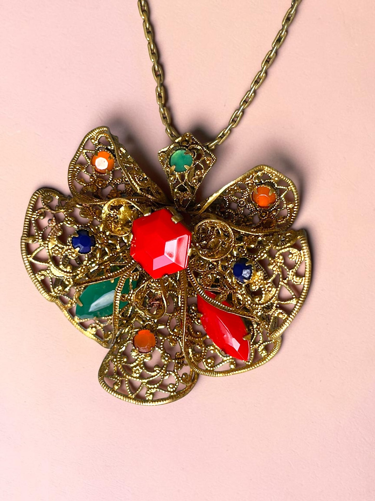 Czechoslovakian Red, Blue, Green & Orange Faceted Art Glass Brass Filigree Necklace