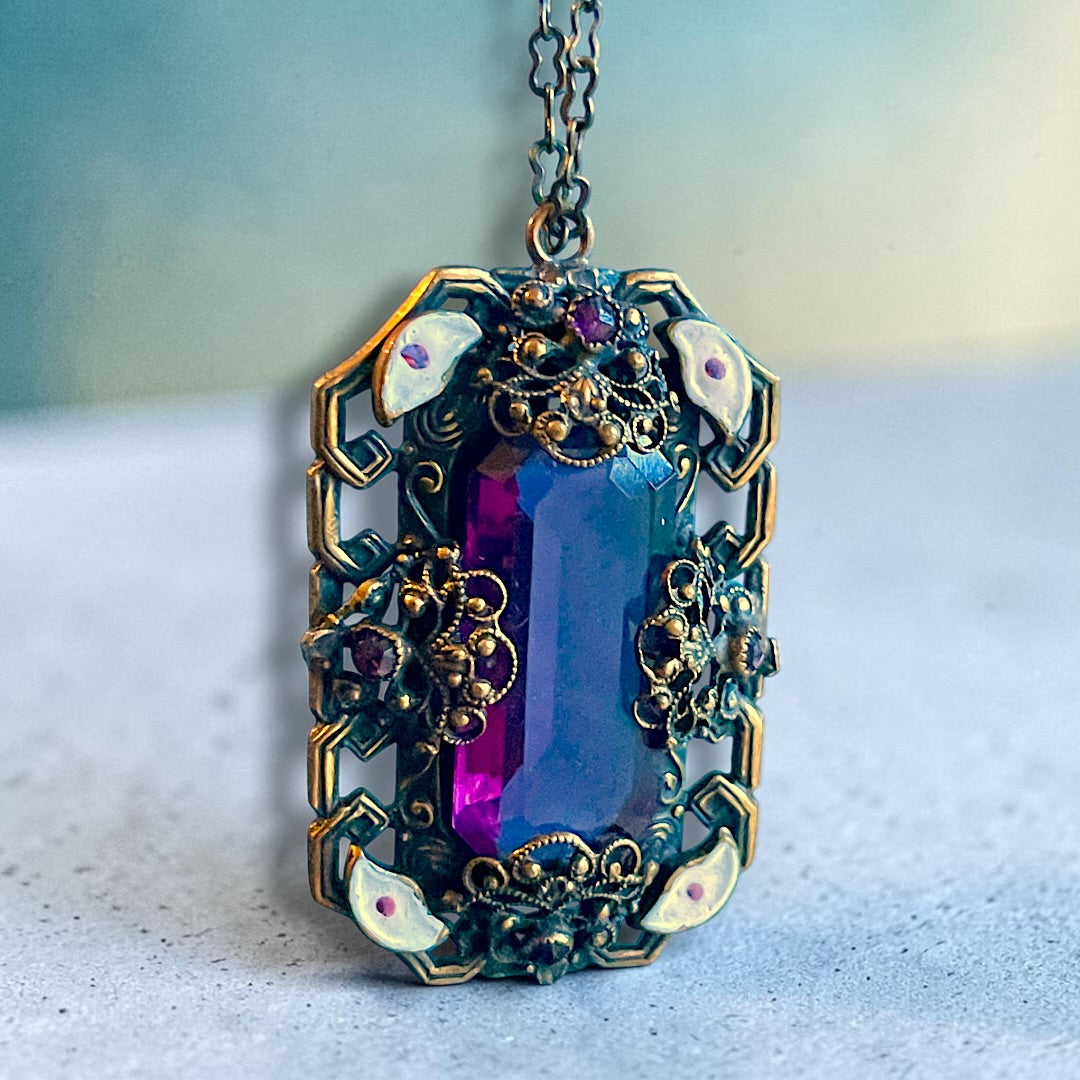 Art Nouveau Neiger Brothers Purple Crystal & Enamel Brass Filigree Necklace