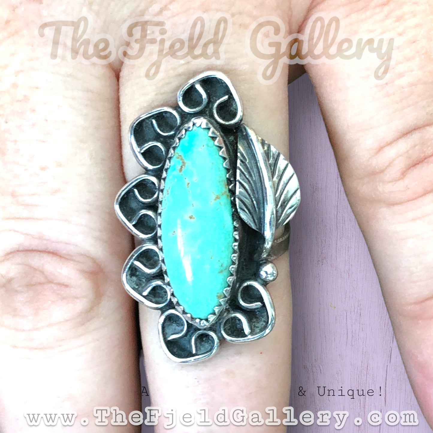 Vintage Sterling Silver & Turquoise Native American Long Leaf Detail Ring