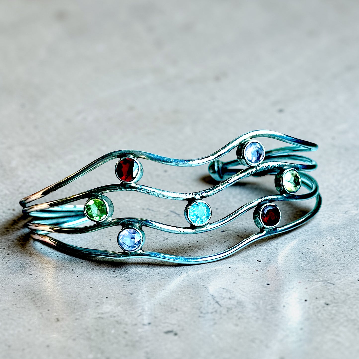 Sterling Silver Wavy Wire Aquamarine, Garnet, Amethyst, Peridot & Citrine Gemstone Cuff Bracelet