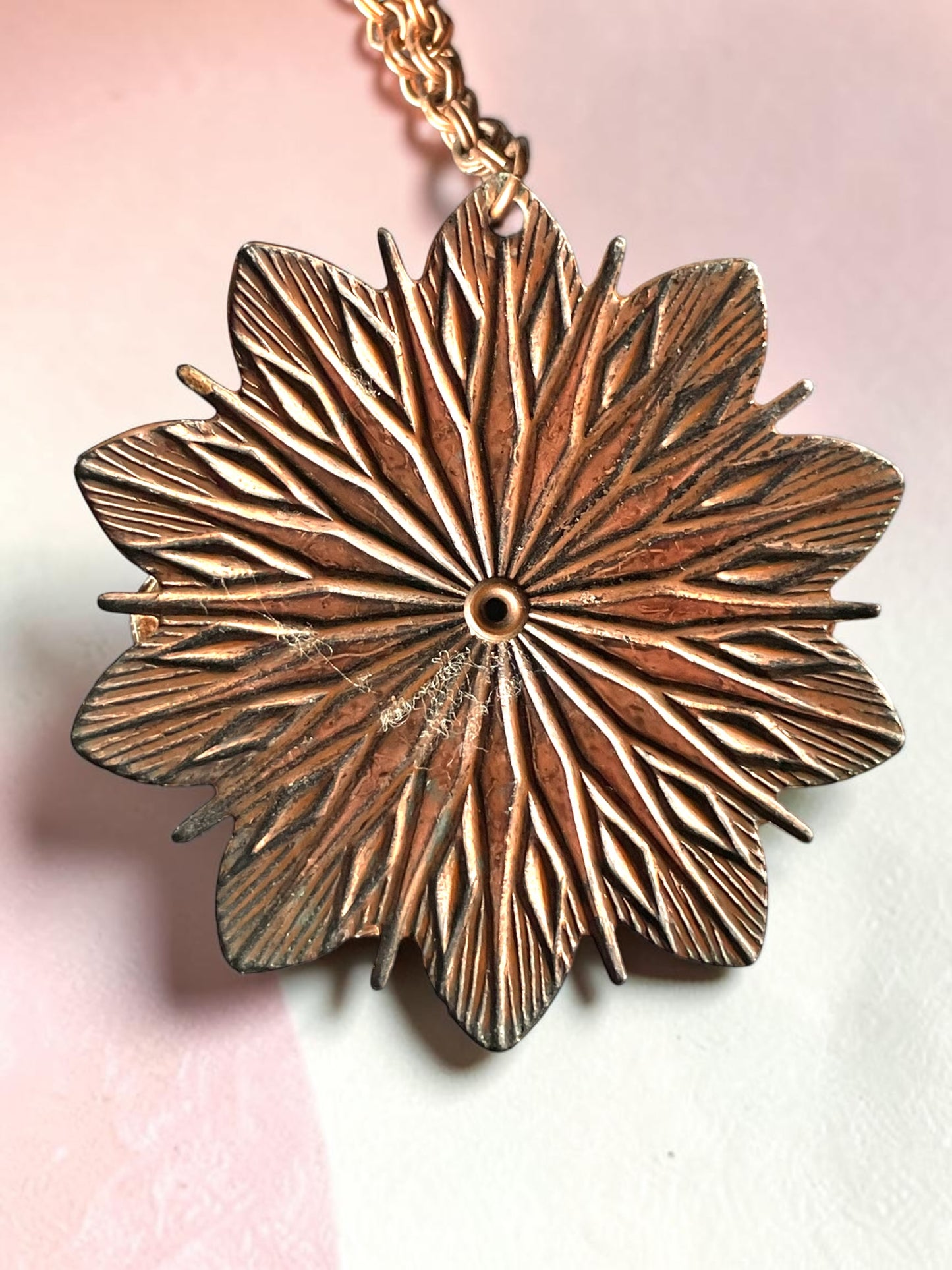 Renoir Copper Starburst White & Black, Pink Confetti Foil Art Glass Pendant Necklace