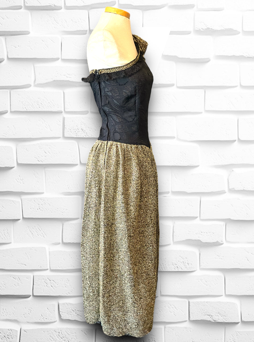 Vintage 1980’s Gold Lamé Bow & Black Transparent Bodice Long Dress