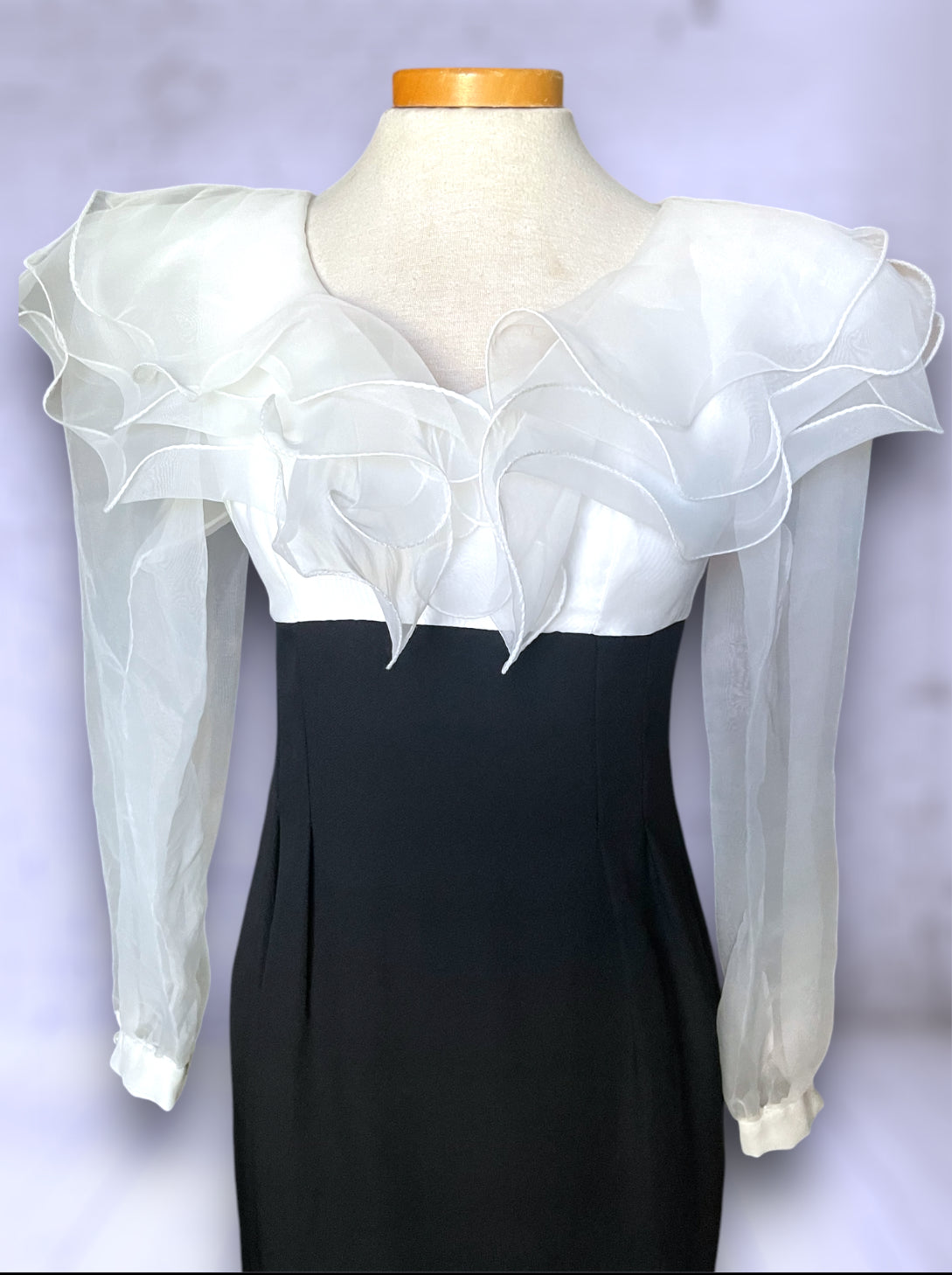 1980’s Black & White Fluffy Bust See Through Long Sleeve Short Dress